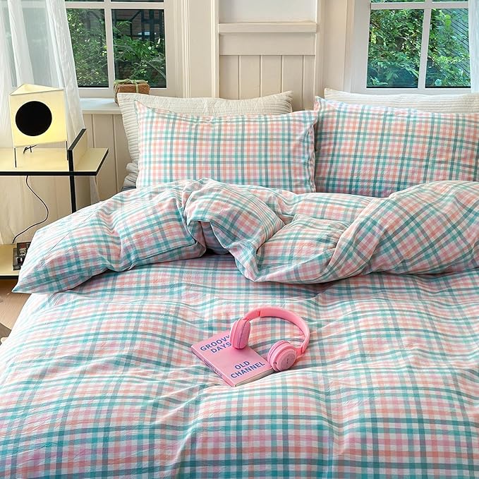 LifeTB Queen Comforter Set Multi-Colored Gingham Comforter Modern Style Checkered Pattern Comforter Set Colorful Grid Plaid Bedding Comforter Fluffy Soft Lightweight Grid Bedding Set Breathable
