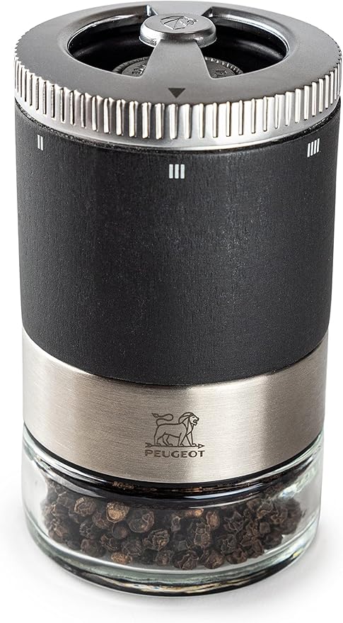 PEUGEOT - Maestro Pepper Bar - 10cm Pepper Mill with U'Select Adjustment - 3 Premium Peppercorns, 3 Interchangeable Empty Vials, Felt - Made in France - PEFC Wood & Stainless Steel - Graphite Color