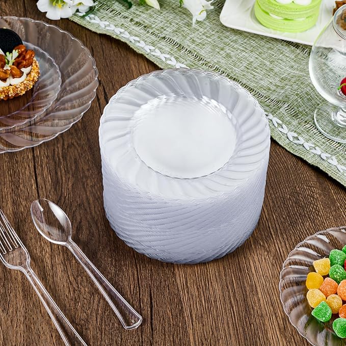 FOCUSLINE 100 Count 6 Inch Clear Plastic Plates, Disposable Heavy Duty Salad Dessert Plates- Premium Hard Plastic Plate Fancy Disposable Clear Plate for Weddings, Parties and Events