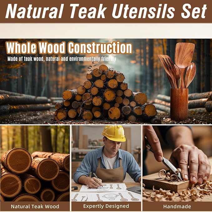 Wooden Spoons for Cooking Utensils Set - 9 Pcs Natural Teak Wooden Kitchen Utensils Set - Non-Stick Cooking Wooden Spoon with Holder, Wooden Spatula, Spoon Rest & 6 Hooks