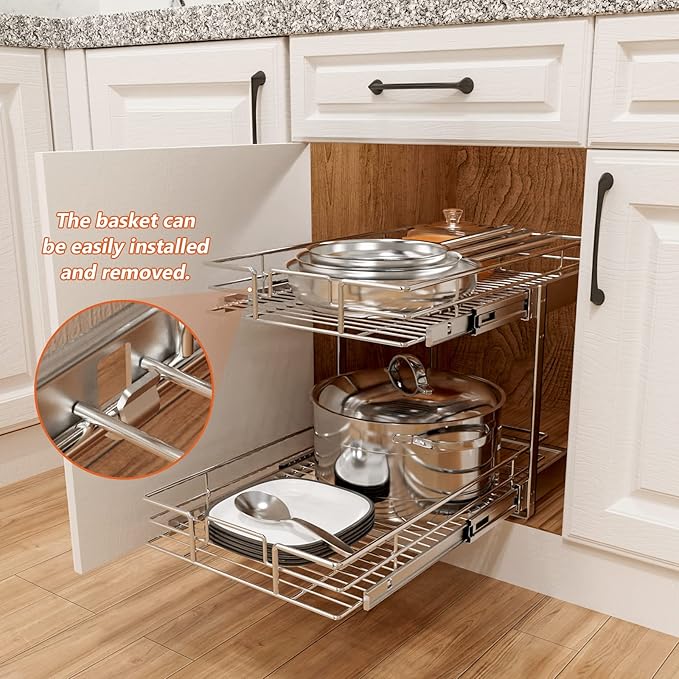 ROOMTEC Individual Pull Out Cabinet Organizer (11쩍" W x 21쩍" D), 2 Tier Spice Rack Organizer for Cabinet, Slide Out Drawer Pantry Shelf Organization and Storage for Kitchen Bathroom