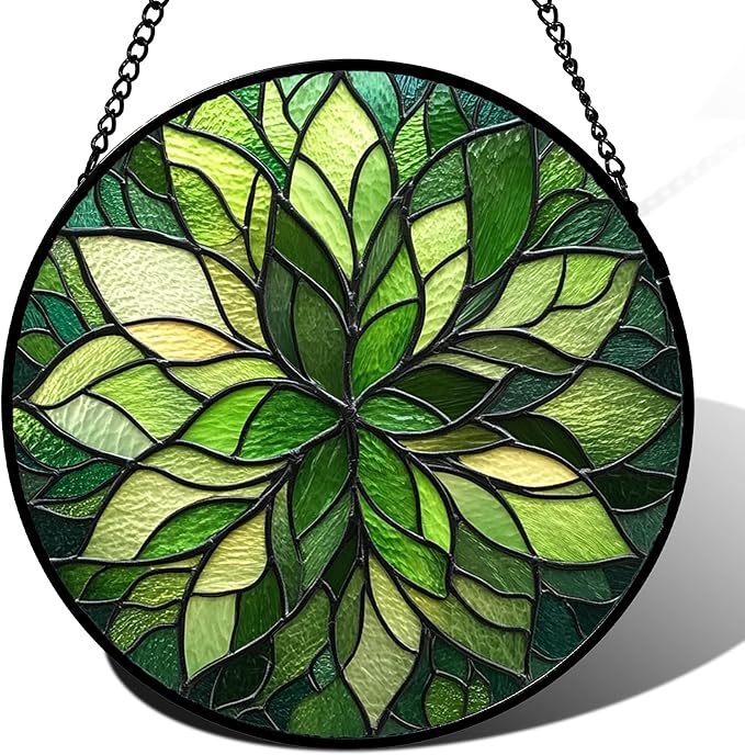 Stained Glass Window Hanging - Green Gradient Flowers Suncatcher for Doors Window Home Plant Sun Catchers Decor Christmas Mother's Day Birthday Gifts for Teacher Women Men Mom Nana 6.3 in