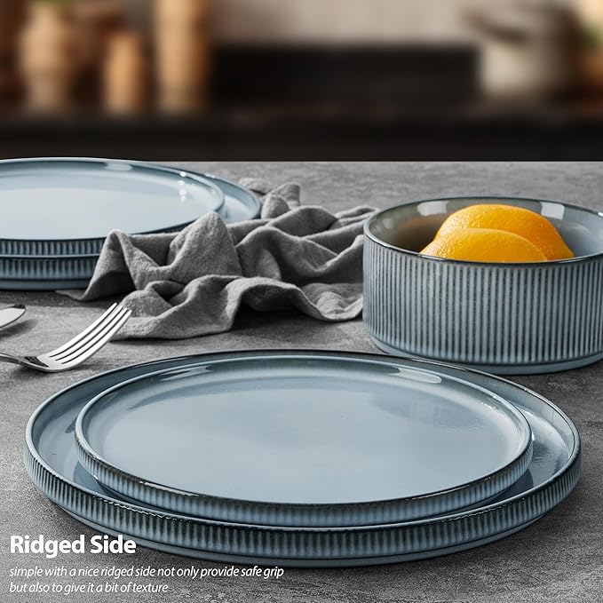 LIANYU Dinnerware Plates and Bowls Dishes Set, 8 Piece Elegant Stoneware Sets with Pasta Bowls for 2, Modern Ribbed Ceramic Dining Ware for Restaurant Wedding, Dishwasher Safe, Slate Blue
