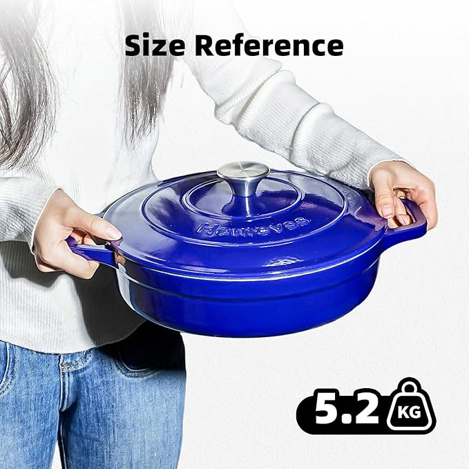 Enameled Cast Iron Dutch Oven - 4 Quart Dutch Oven Pot with Lid - Shallow Cookware Braising Pan - Oven Safe up to 500째 F for Baking, Roasting, and Braising-Blue
