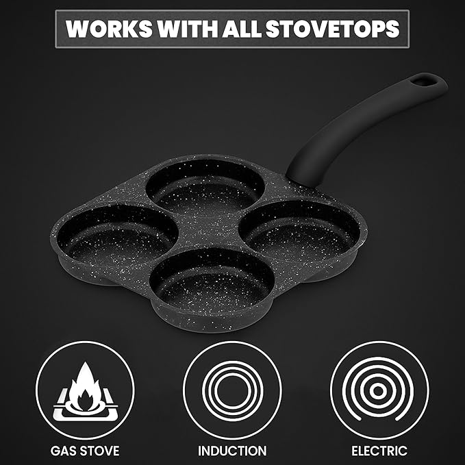 4-Hole Non-Stick Breakfast Frying Pan with Handle ??Aluminum Skillet for Eggs, Pancakes, Omelets & Burgers ??Compatible with Gas & Induction Stoves