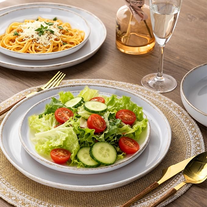 AmorArc Ceramic Dinnerware Sets for 4, 12 Pieces Handpainted Plates and Bowls Set with Rustic Terracotta Underside, Scratch Resistant Stoneware Dishes Set, Dishwasher & Microwave Safe, White