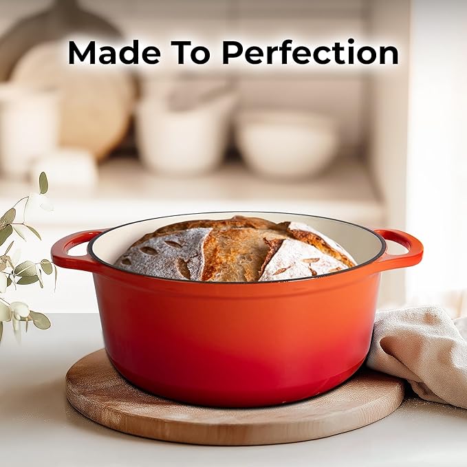 Zulay Kitchen 7.7 Quart Enameled Cast Iron Dutch Oven Pot with Lid ??Premium Durability & Oven Safe up to 500째F ??Heavy Duty Cookware Perfect for Bread Baking, Stews, Braising & Roasting ??Orange