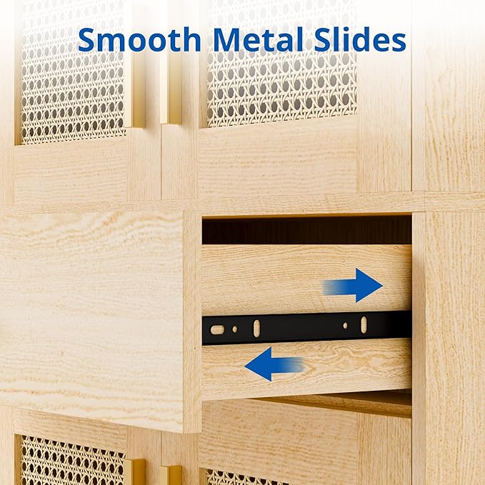 Cozy Castle Kitchen Pantry Cabinet, 71" Tall Rattan Doors Storage Cabinet with Large Drawer and Adjustable Shelves, Freestanding Rattan Pantry Cabinets for Kitchen, Dining Room, Living Room, Oak