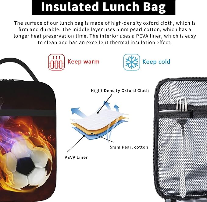 YIJIUWKIS Boys Insulated Lunch Box with Fire Soccer Pattern Print, Sports-themed Lunch Bags with Water Bottle Holder for Adults Kids Teens, Reusable Portable Tote Meal Bags Gifts for Son Daughter
