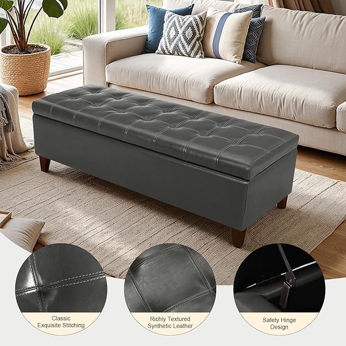 DECO DE VILLE Ottoman with Storage, 51 Inch End of Bed Storage Ottoman Bench, Faux Leather Upholstered Ottomans with Hinged Lid, Rectangle Long Foot Rest Bench for Entryway Living Room Bedroom Gray