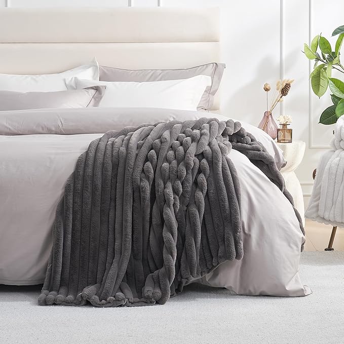 Am챕lie Home Faux Fur Throw Blanket for Couch, Cozy Fuzzy Fluffy Fur Luxurious Soft Striped Plush Gift Blankets for Family Sofa Chair Bedroom, 60"x80", Charcoal Grey