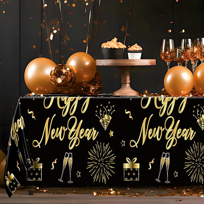 3 Pack New Years Eve Tablecloth, 108 x 54 Inches Disposable Plastic NYE Table Cover 2026, Rectangle New Years Tablecloth with Black Gold Firework Design, Waterproof Table Cover for Nye Party Supplies