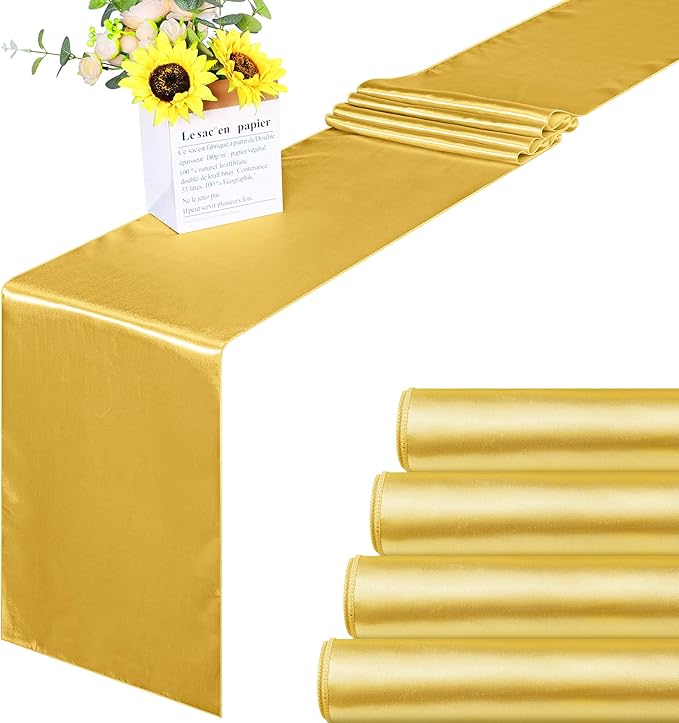 Aneco 4 Pack Satin Table Runner 12 x 108 Inch Golden Long Bright Silk and Smooth Fabric Party Table Runner for Wedding Banquet Party Decoration
