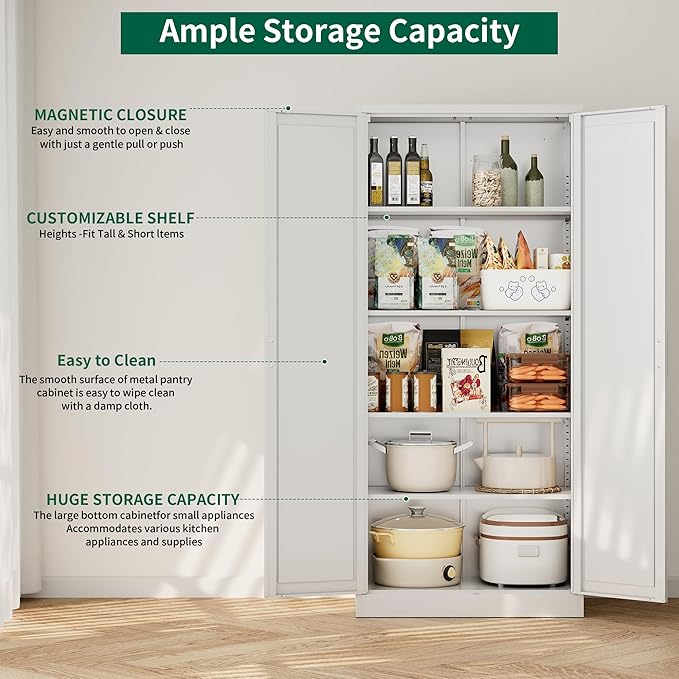 CJF 71" H Metal Kitchen Pantry Storage Cabinet, Freestanding Cupboard with 2 Doors and 4 Adjustable Shelves, Standing Storage for Kitchen, Bathroom, Garage, Dinning Room or Utility Room（White）