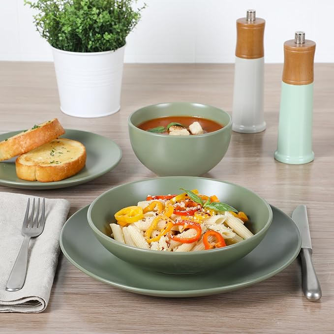 Gibson Home Queenslane 16-Piece Matte Green Stoneware Dinnerware Set ??Double Bowl Plates and Bowls, Durable Kitchen Dinner Set