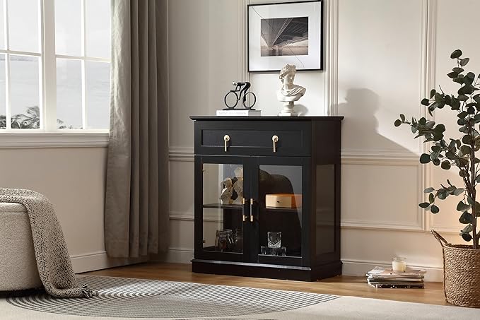 31.5'' Accent Small Buffet Cabinet with Storage, Buffet Sideboard with Two Glass Doors and a Drawer,Small Coffee bar Cabinet with Adjustable Shelf,for Kitchen and entryway,Black