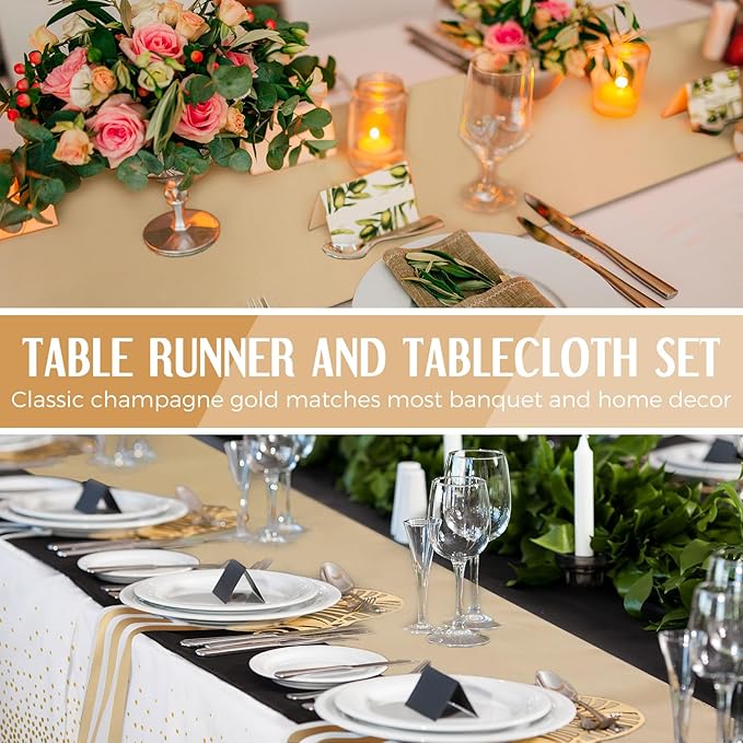 Tudomro 12 Pieces White and Gold Disposable Plastic Tablecloths and Satin Table Runner Set 54x108 Inch Tablecloth 12x108 Inch Table Runners for New Year Wedding Birthday Baby Shower Graduation