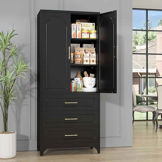 Metal Kitchen Pantry Storage Cabinet with 3 Drawers竊?5 Inch Black Food Pantry Cabinets for Kitchen Storage with 2 Adjustable Shelves,Tall Storage Cupboard for Living Room,Dining Room Office