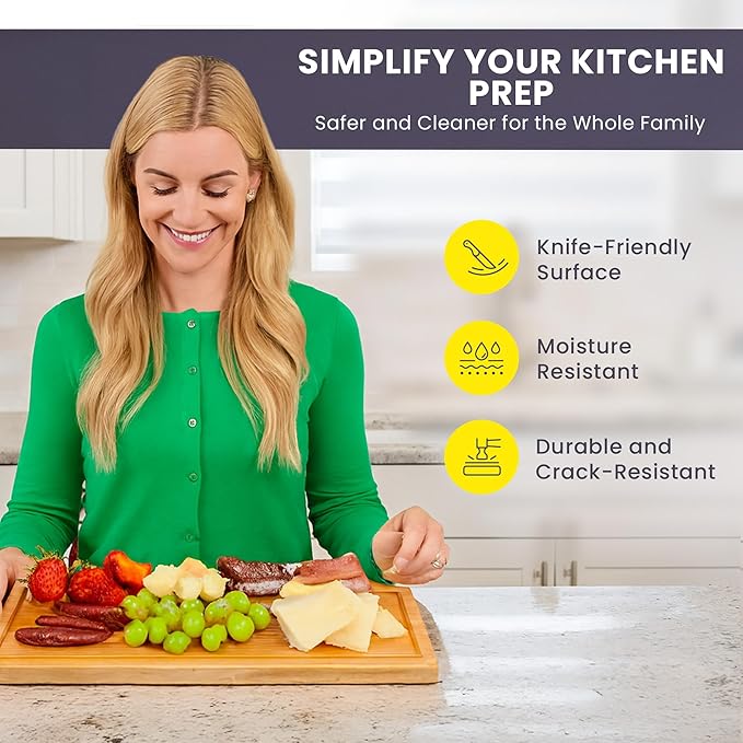 Bamboo Cutting Board ??15 Inch Wood Cutting Boards for Kitchen with Glue-Free Surface??& Juice Groove ??Non-Toxic, FSC-Certified, Durable Wooden Chopping Board - Rectangle