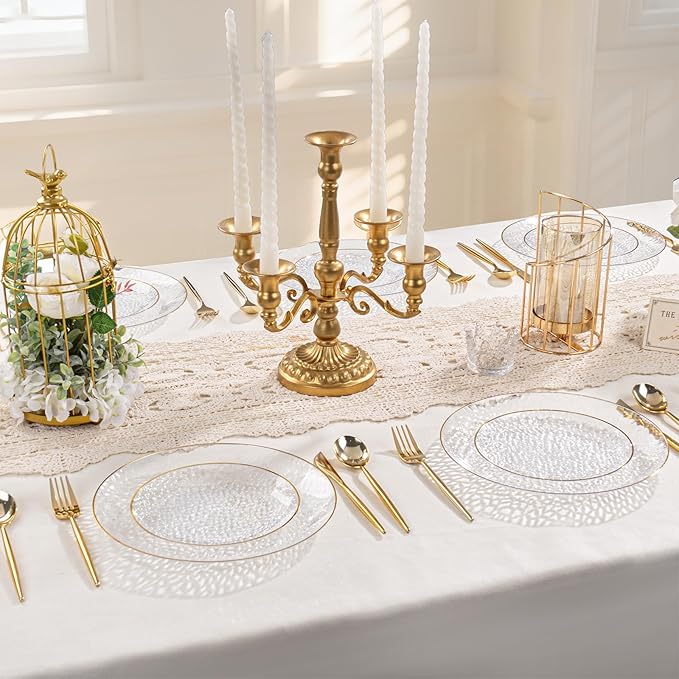 SUT 100Pcs Clear Plastic Plates, Hammered Plates Disposable Heavy Duty, Clear Disposable Plates With Gold Rim, Fancy Plastic plates Include 50 Dinner plate and 50 Dessert plate for Wedding