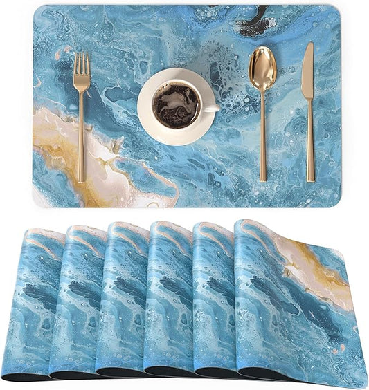 QIYI Placemats Set of 6, 12x18 Inch Faux Leather Place Mats for Kitchen Dinning, Heat Resistant Anti Slip Pink Gold Table Mats, Waterproof Wipeable Washable Placemat Party Table D챕cor, Blue Marble