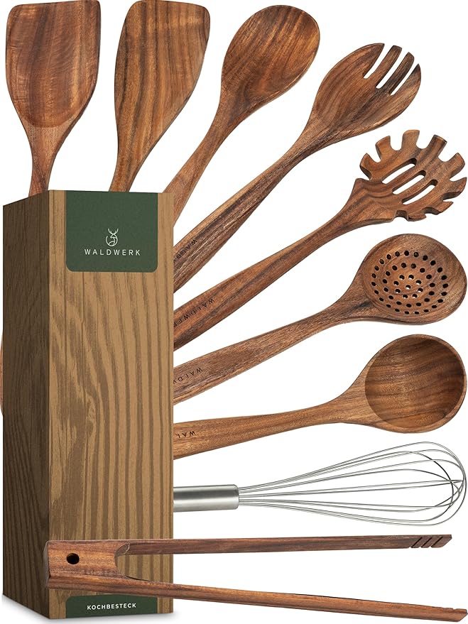 WALDWERK Wooden Spoons for Cooking ??9-Piece Kitchen Utensils Set with Spatula, Tongs, Whisk, Wooden Spoons & Pasta Server ??Wooden Utensil Set ??Utensil Sets - Cooking Utensils - Non Toxic