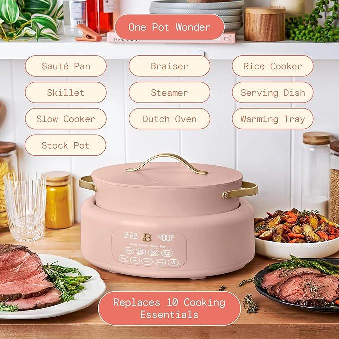 Beautiful 10-in-1 Electric Multi-Cooker by Drew Barrymore, 6-quart, digital display, 10 cooking functions, non-stick pot, easy one-touch control (Rose)