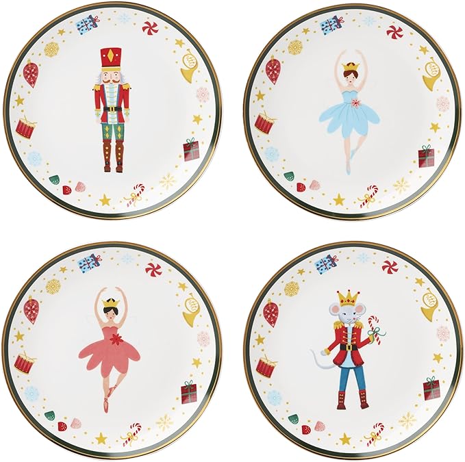 Lenox Dinnerware, Nutcracker Ballet Tidbit Plates, Service for 4, Microwave Safe & Dishwasher Safe Porcelain, Pasta and Salad Dinnerware, Christmas Decor, Nutcracker Ballet (Assorted Plates, 4 Piece)
