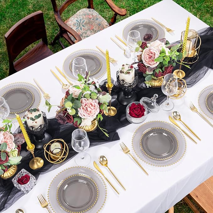 EI 60pcs Black and Gold Plastic Plates Clear with Black Disposable Plates Heavy Duty Gold Plastic Dinnerware Set For 30 Guests Perfect Wedding,Party,Birthday,Anniversary,Business Events,Hotel Banquets