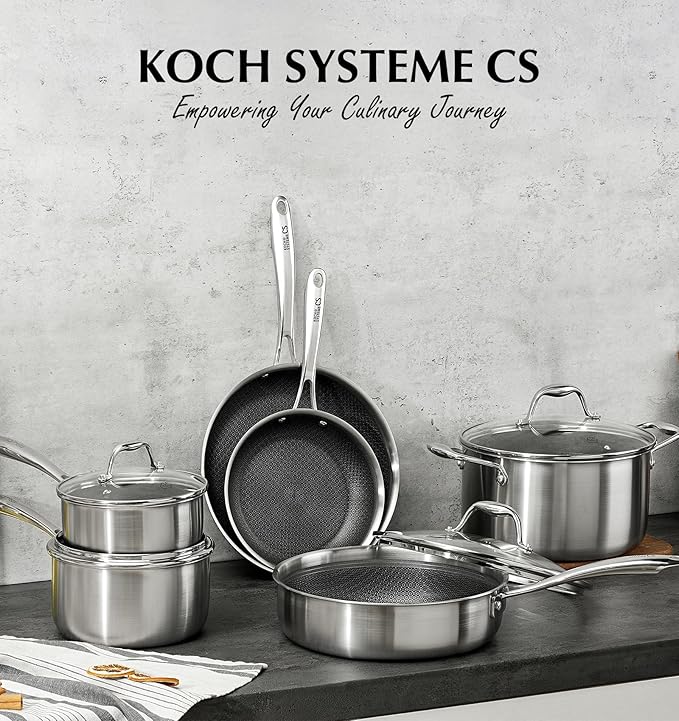 KOCH SYSTEME CS Triply Stainless Steel Cookware Set 10 Piece, Nonstick Hybird Stainless Steel Pots and Pans Set, Kitchen Cookware Set with Honeycomb Interior, 18/10 Steel, Induction Compatible