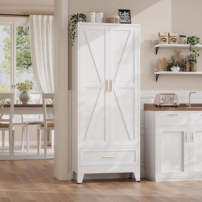 71?쏦 Kitchen Pantry Cabinet with Drawers,Tall Kitchen Pantry Cabinets,Metal Food Storage Cabinets, White Pantry Cabinet with 4 Doors, Large Freestanding Cabinets for Dining Room, Living Room