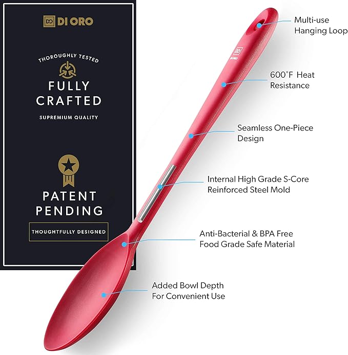DI ORO Cooking Spoon - Solid Silicone Spoon 600째F High Heat Nonstick Cookware Safe - Kitchen Spoon for Cooking & Baking - Large Serving Spoon Utensil for Mixing & Stirring - Dishwasher Safe (Red)