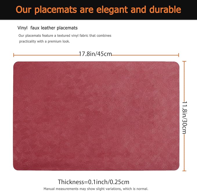 Uolr Vinyl Placemats Set of 12 Faux Leather 100% Waterproof Wipeable Washable Place Mats Heat Resistant Easy Clean Non-Slip Table Mats for Indoor Outdoor. (12,Red)