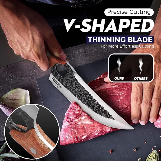 Huusk Chef Knives, Upgraded Viking Knife with Sheath Hand Forged Butcher Knife for Meat Cutting, Sharp Meat Cleaver for Kitchen and Outdoor, Gift for Men and Women