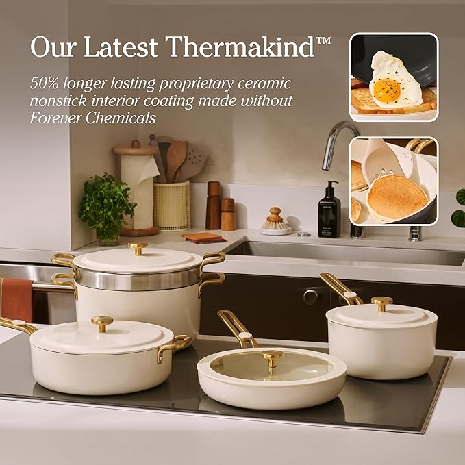Our Place 11-Piece Essentials Complete Cookware Set - Ceramic Fry Pan, Saucepan, Saut챕 Pan, Stock Pot, Strainer Basket & Rack Storage | Thermakind??Nonstick, Oven Safe up to 450째F | Cream