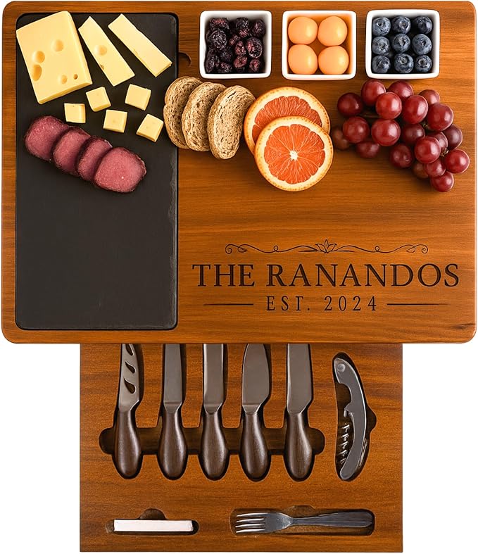 Personalized Acacia Wood Charcuterie Board Set with Stainless Steel Knives ??Custom Cheese Board Gift for Wedding, Christmas, Housewarming, Bridal Shower, Anniversary, Women and Couples, Gifts for Her