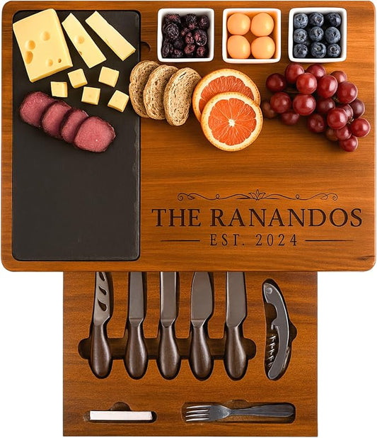 Personalized Acacia Wood Charcuterie Board Set with Stainless Steel Knives ??Custom Cheese Board Gift for Wedding, Christmas, Housewarming, Bridal Shower, Anniversary, Women and Couples, Gifts for Her