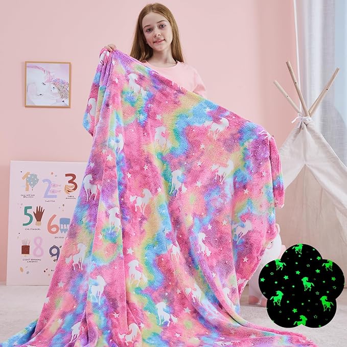 QSTEHEML Unicorn Glow in The Dark Blanket,Unicorn Gifts Toys for Kids Girl Age 3-12 Years Old,Birthday Gifts for Toddler, Teen,Christmas Birthday Bedroom Decor 50"횞60"