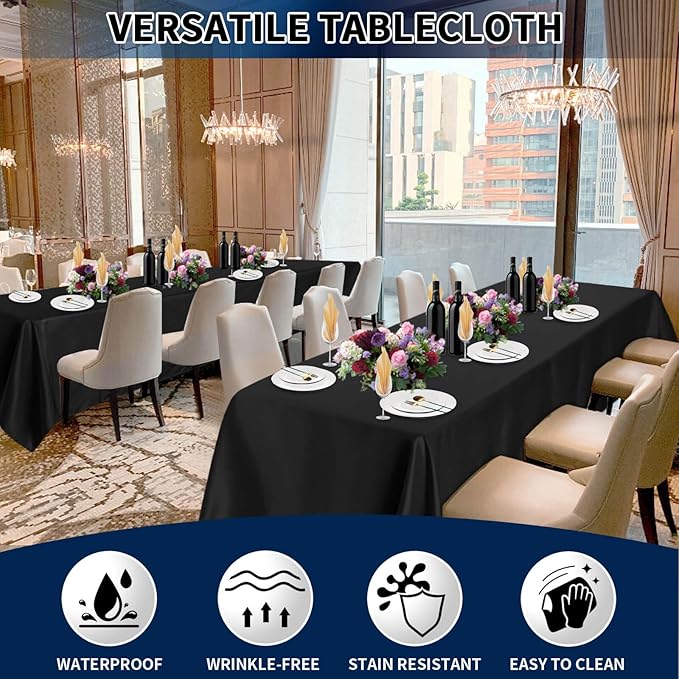 PureFit 10 Pack Black Table Cloth 60 x 126 Inch, Stain and Wrinkle Resistant Table Linen for 6 Ft Rectangle Tables, Polyester Table Covers for Dining Room, Wedding, Party, Banquet and Camping
