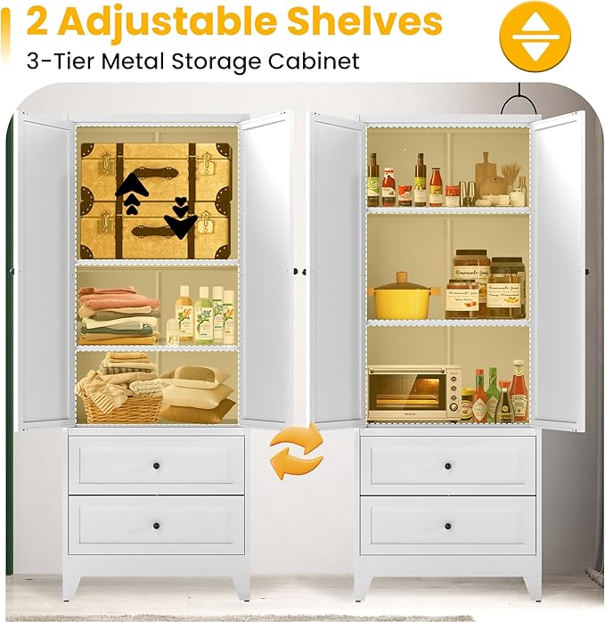 72" Metal Storage Cabinet with 2 Drawer, 2 Adjustable Shelves & Hooks, Utility Kitchen Pantry Cabinet for Home, Living Room, Pantry, Assemble Required (White)