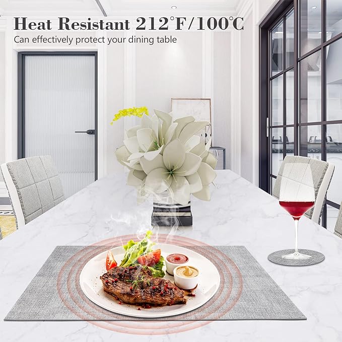 JUCCWARM Faux Leather Placemats Set of 6,Heat Resistant Placemats for Dining Table, Easy Clean Non-Slip Place Mats, Waterproof Stain Resistant Wipeable Washable PU Table Mats, (Light Grey)