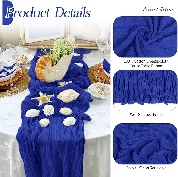 RealBox 6 Pack Royal Blue Cheesecloth Table Runner 17x108 Inch Semi Sheer Boho Gauze Cheese Cloth Fabric Table Runners Table Decor for Wedding Party Baby Shower Birthday Home Decor Garden Farmhouse