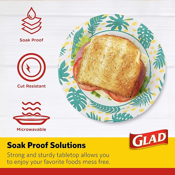 Glad Round Disposable Paper Plates, Palm Leaves Pattern - Strong, Sturdy, Soak Proof, and Microwavable Decorative Plates for Dinner and Everyday Use, 8.5 Inch, 50 Count