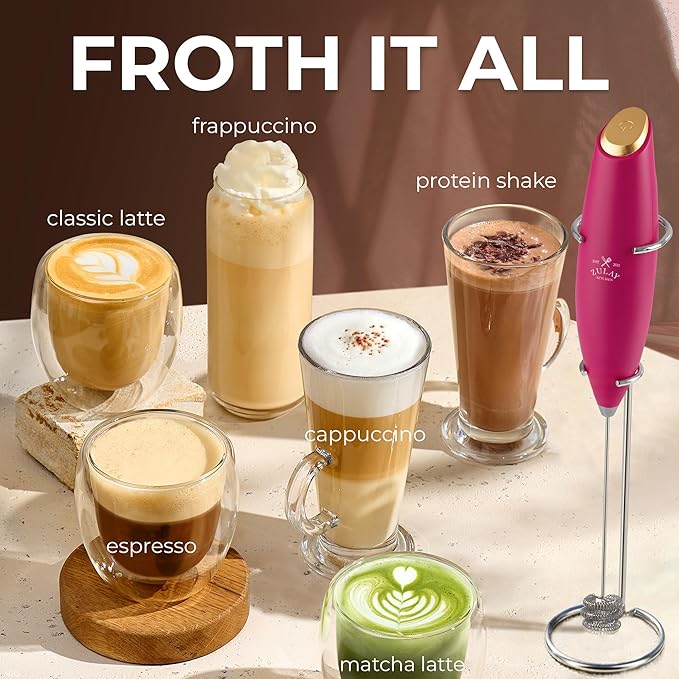 Zulay Kitchen Patented Tornado Triple Whisk Milk Frother with 4 Duracell Batteries ??Handheld Foam Maker for Coffee, Lattes, Matcha & Hot Chocolate ??Rich, Creamy Froth in Seconds