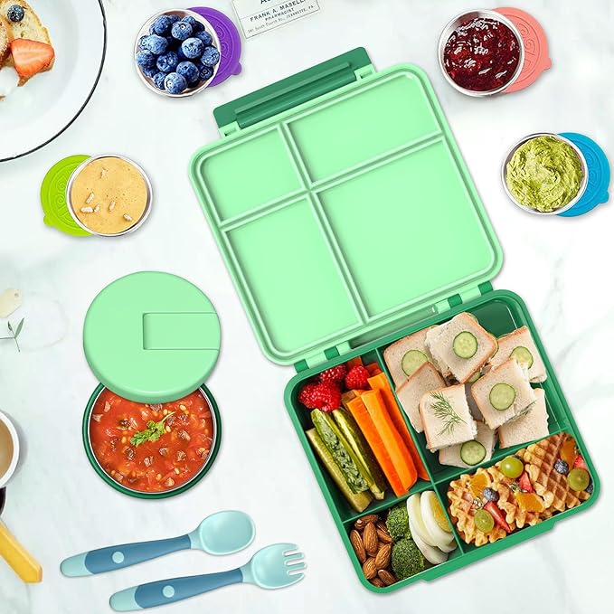 Aimsnk Kids Bento Lunch Box with 8oz Soup Thermo, Kids Leakproof Lunch Food Containers with 4 Compartment,Insulated Hot Food Jar with Lunch Bag for School, Travel (Green)