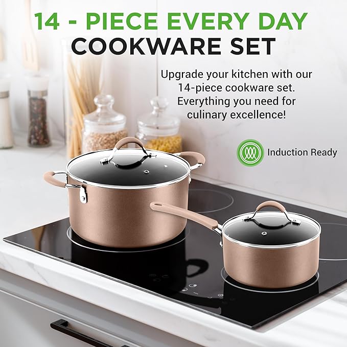 NutriChef 14-Piece Pots and Pans Set Non Stick ??Induction Cookware Set, PFAS-Free Nonstick Cookware for All Cooktops, Includes Kitchen Utensils