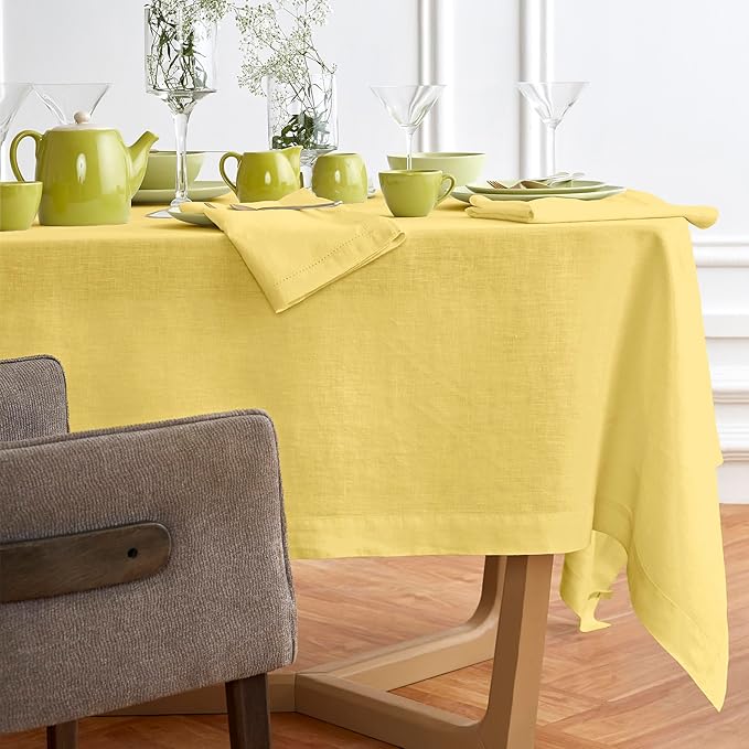 Solino Home Linen Yellow Tablecloth 70 x 108 Inch - 100% Pure Linen Rectangular Tablecloth - Machine Washable Table Cloth for Spring, Easter - Sonoma