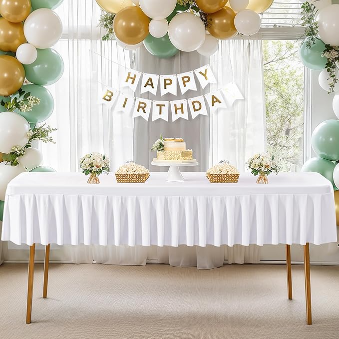 Wish Care White Spandex Table Clothes for 4 Foot Rectangle Tables Wrinkle Free Stretch Fitted Tablecloth 4ft Pleated Ruffle Elastic Table Cover Skirt for Banquet Dining Outdoor Home Party Tablecloth