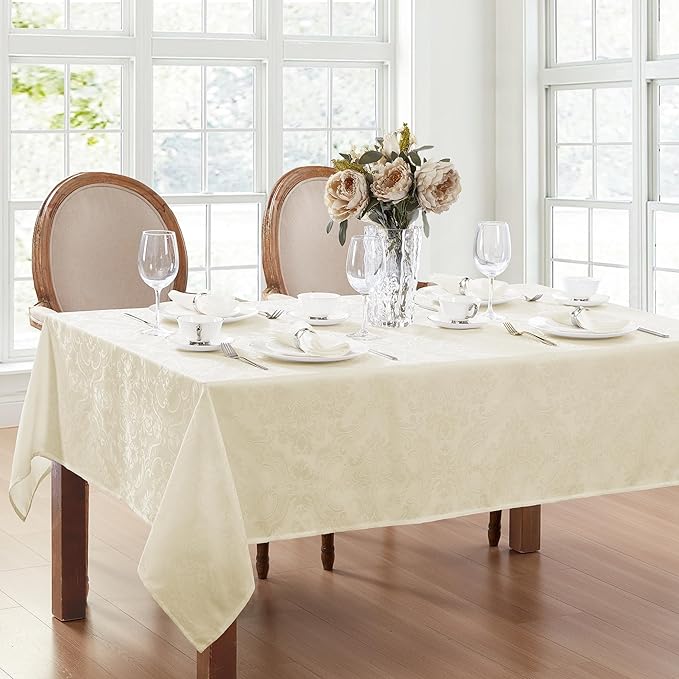 Elrene Home Fashions Caiden Elegance Damask Waterproof, Stain & Wrinkle Resistant Fabric Tablecloth, 52" x 52" Square, Ivory