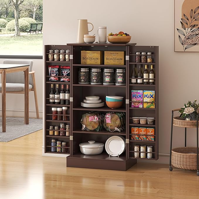 47??Pantry Cabinet, Kitchen Pantry Storage Cabinet with Doors & Adjustable Shelves, Brown Freestanding Buffet Cupboards Sideboard for Living Room and Dinning Room, Sturdy and Durable